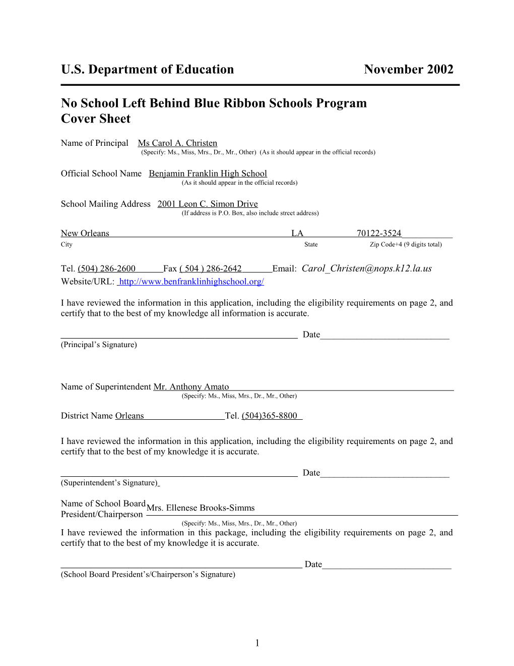 Benjamin Franklin High School 2003 No Child Left Behind-Blue Ribbon School (Msword)