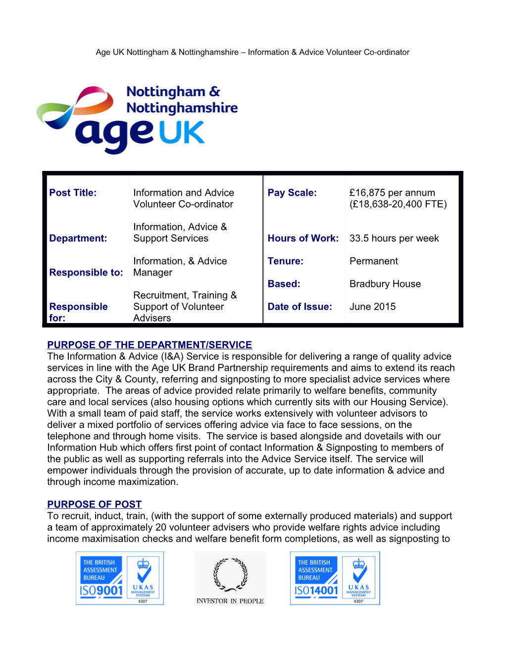 Age UK Nottingham & Nottinghamshire Information & Advice Volunteer Co-Ordinator