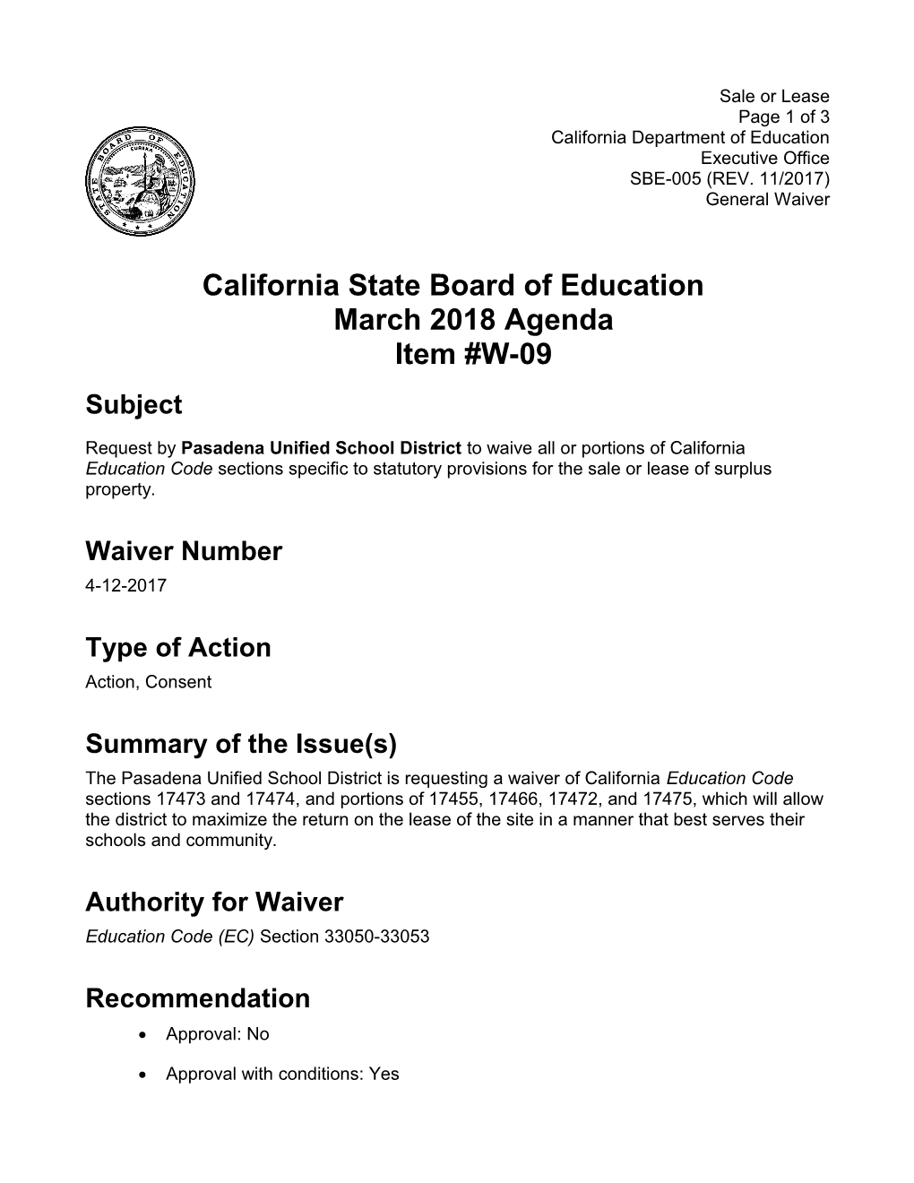 March 2018 Waiver Item W-09 - Meeting Agendas (CA State Board of Education)