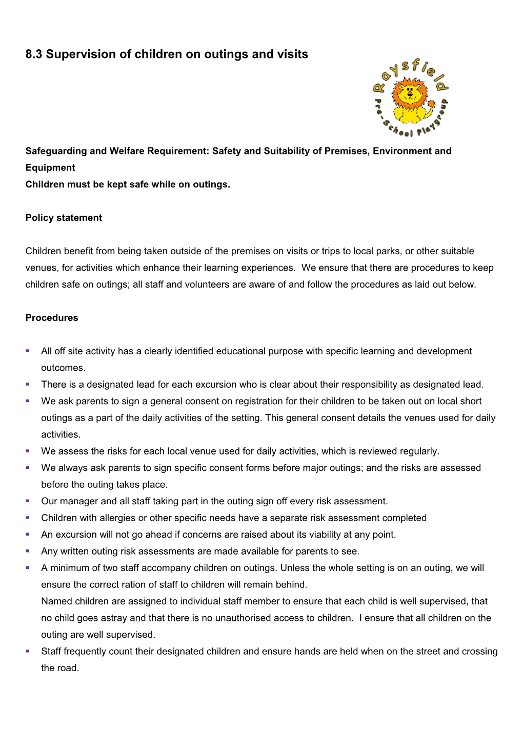 8.3Supervision of Children on Outings and Visits