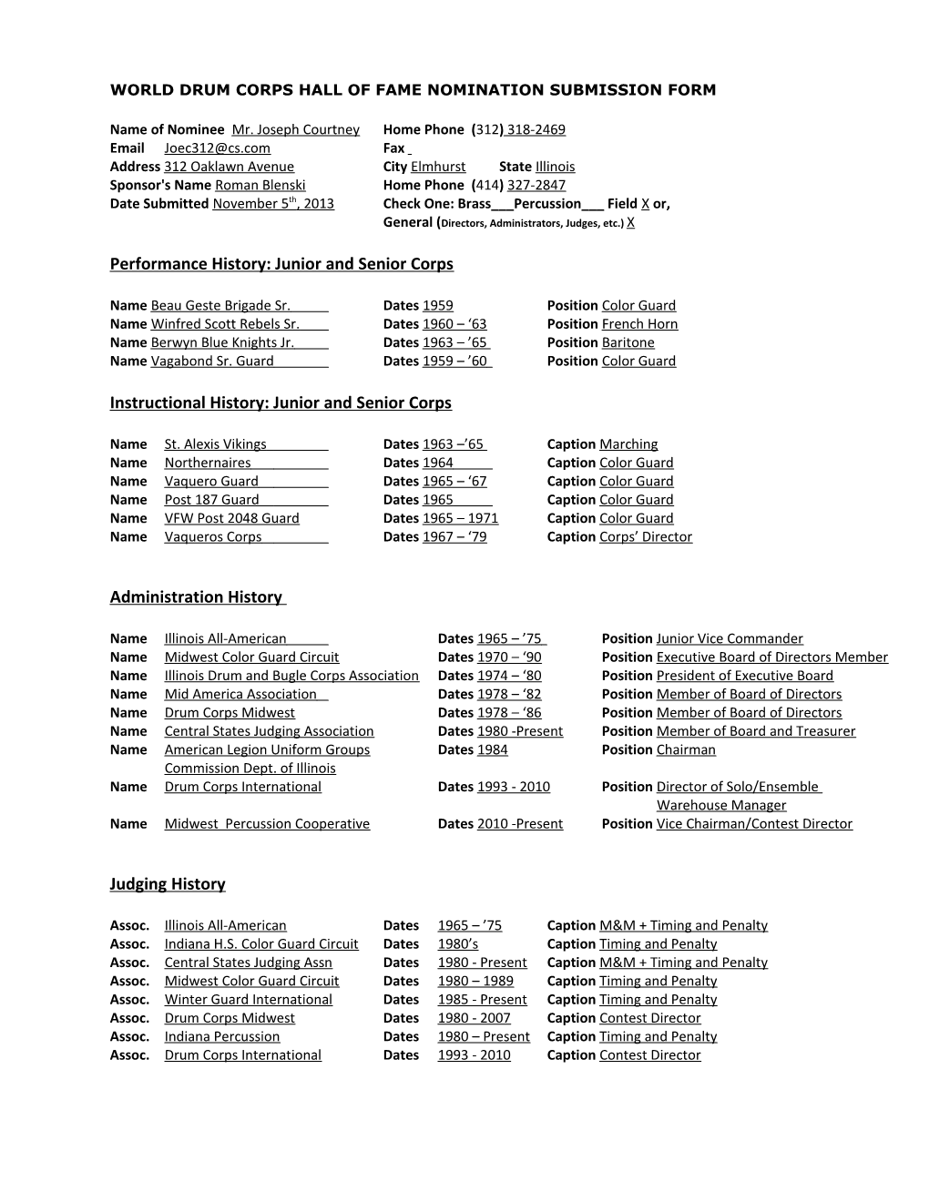 World Drum Corps Hall of Fame Nomination Submission Form