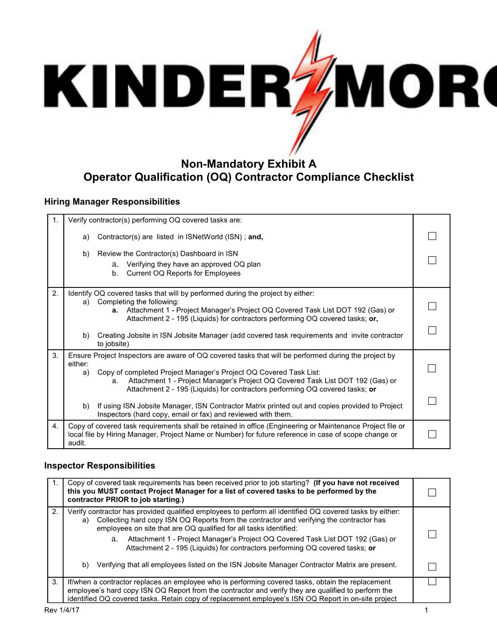 Operator Qualification (OQ) Contractor Compliance Checklist