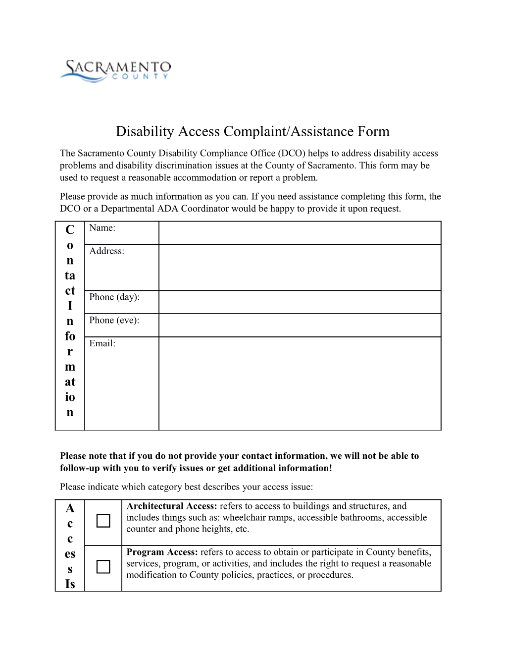 Disability Access Complaint/Assistance Form