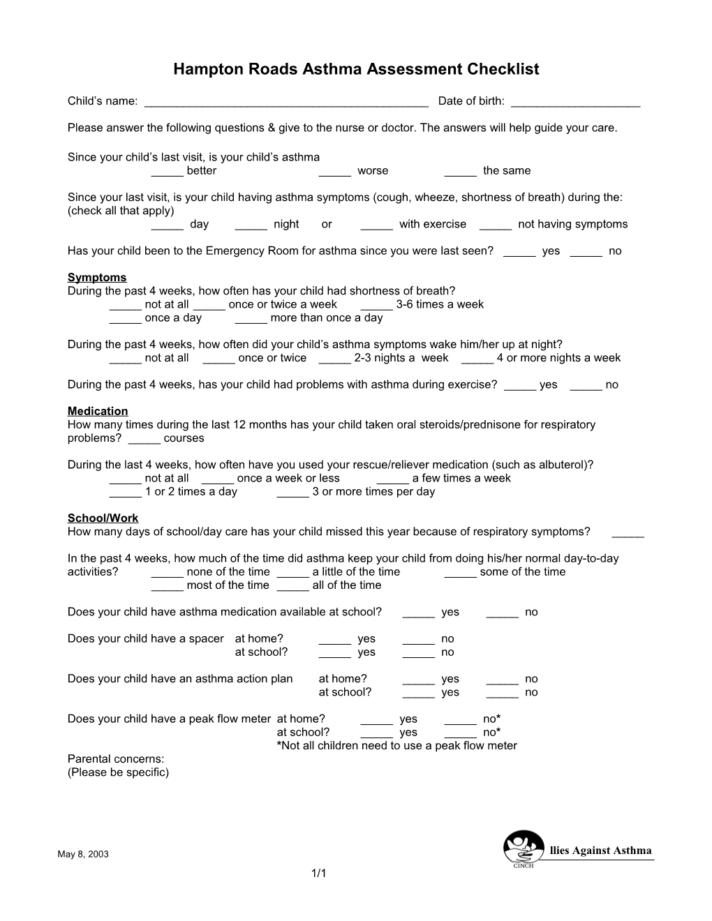 Asthma Assessment Checklist