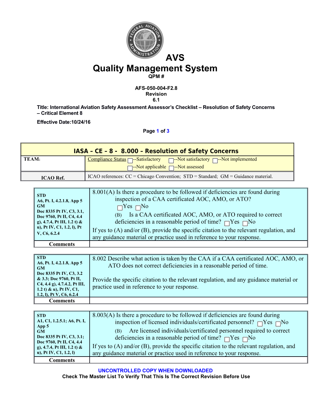 International Aviation Safety Assessment Assessor's Checklist - Resolution of Safety Concerns