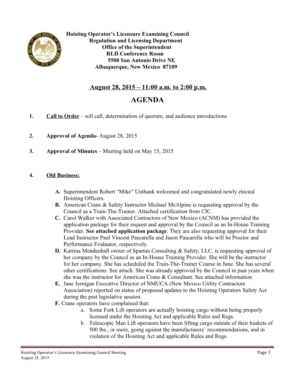 Hoisting Operator S Licensure Examining Council Agenda January 17, 2014