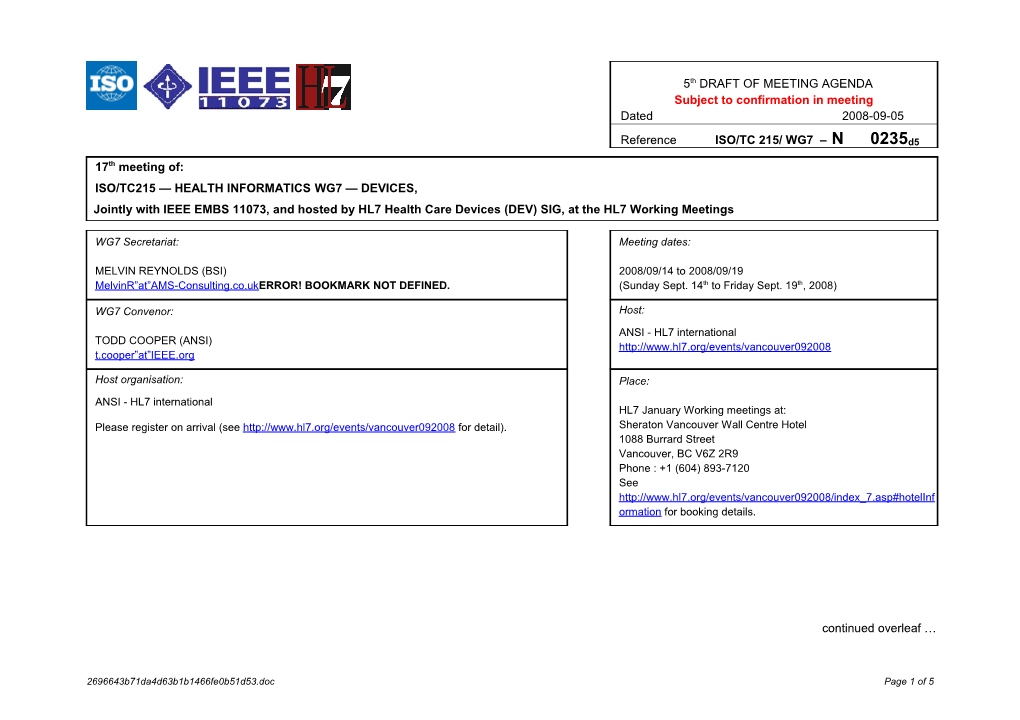 Meeting Agenda- Draft: ISO/TC215/WG7