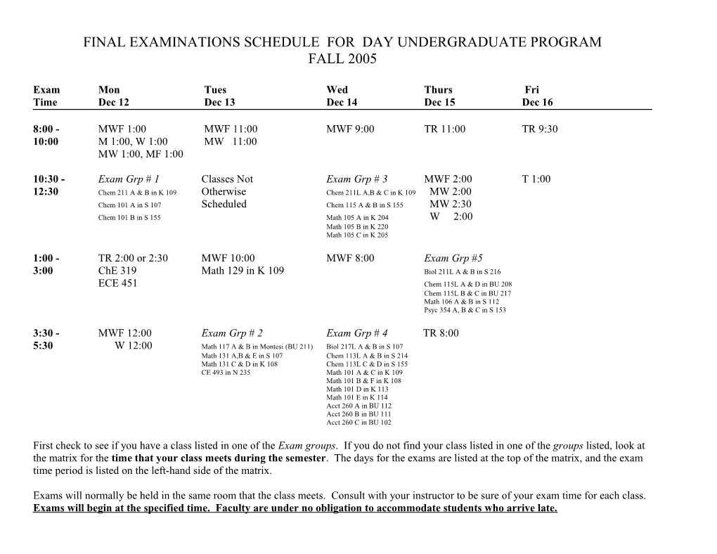 Final Examinations Schedule for Day Undergraduate Program