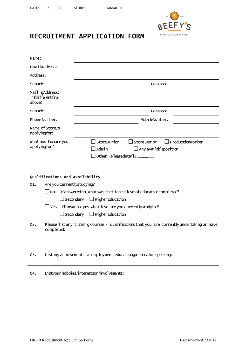 BEEFY S Store Recruitment Application Form