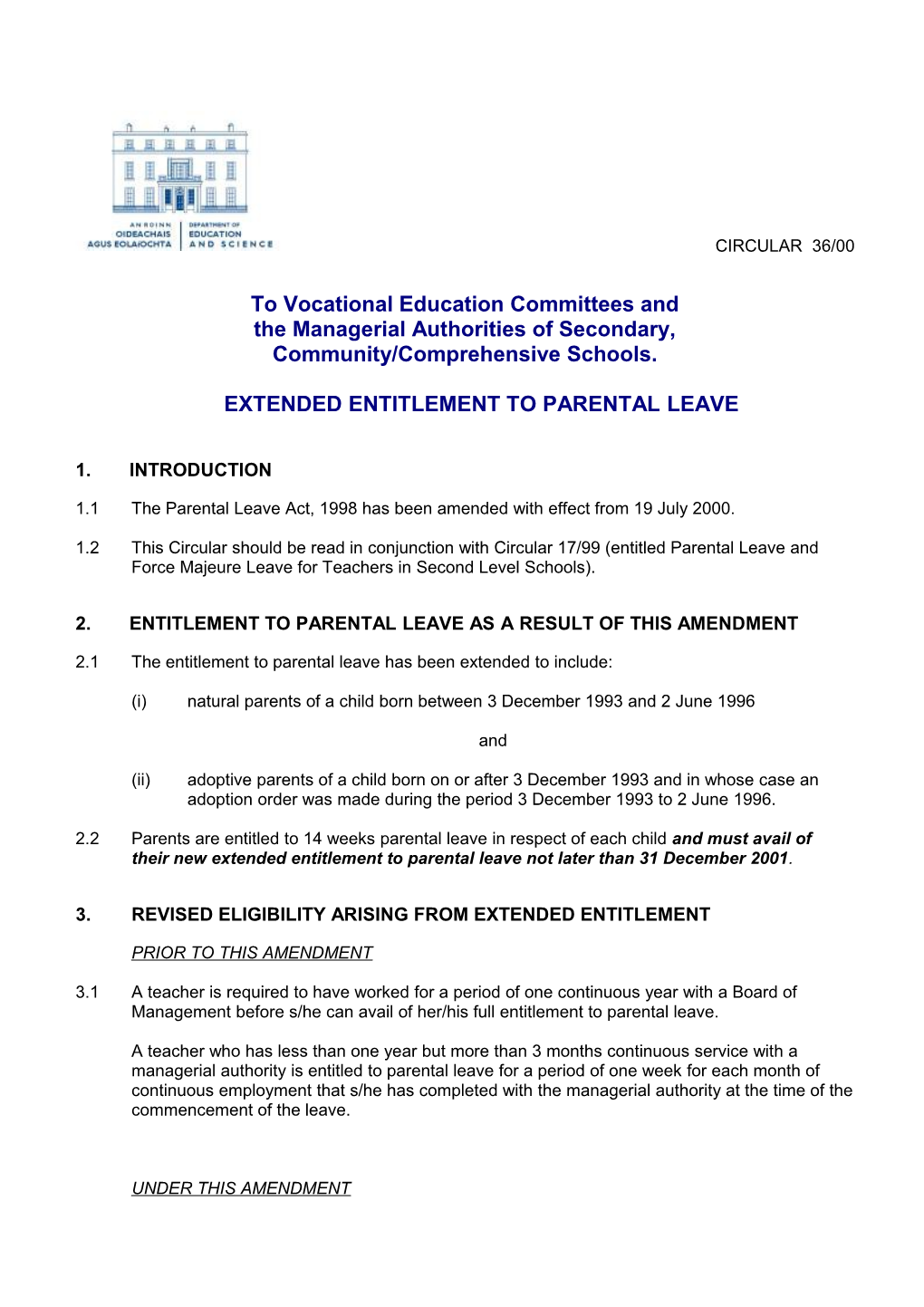Post Primary Circular 36/00 Limited Extension of Entitlement to Parental Leave (File Word