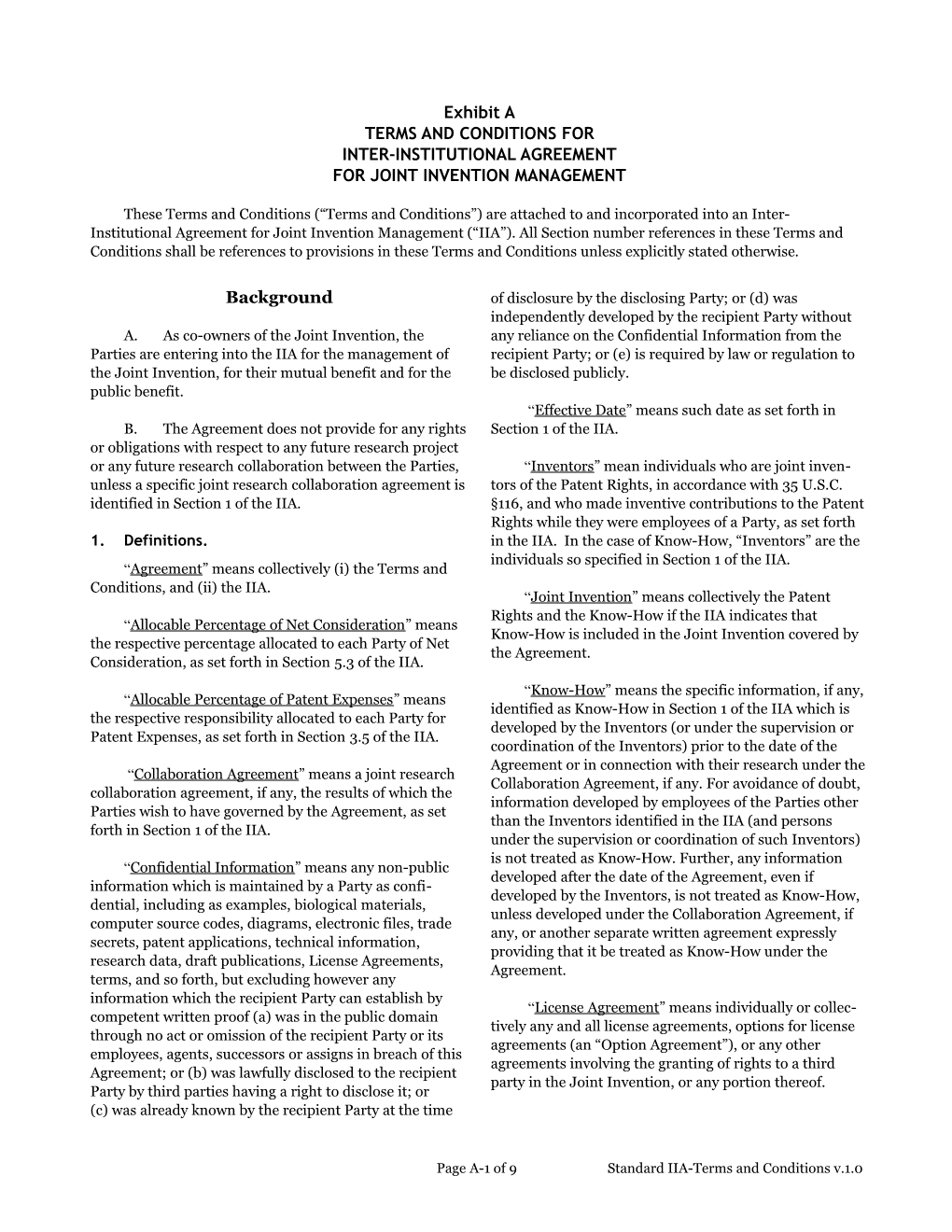 Page A-1 of 9Standard IIA-Terms and Conditions V.1.0