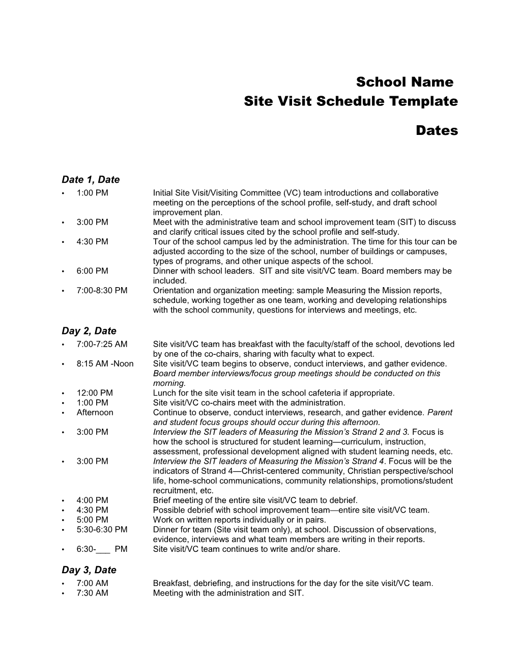 School Name Site Visit Schedule Template