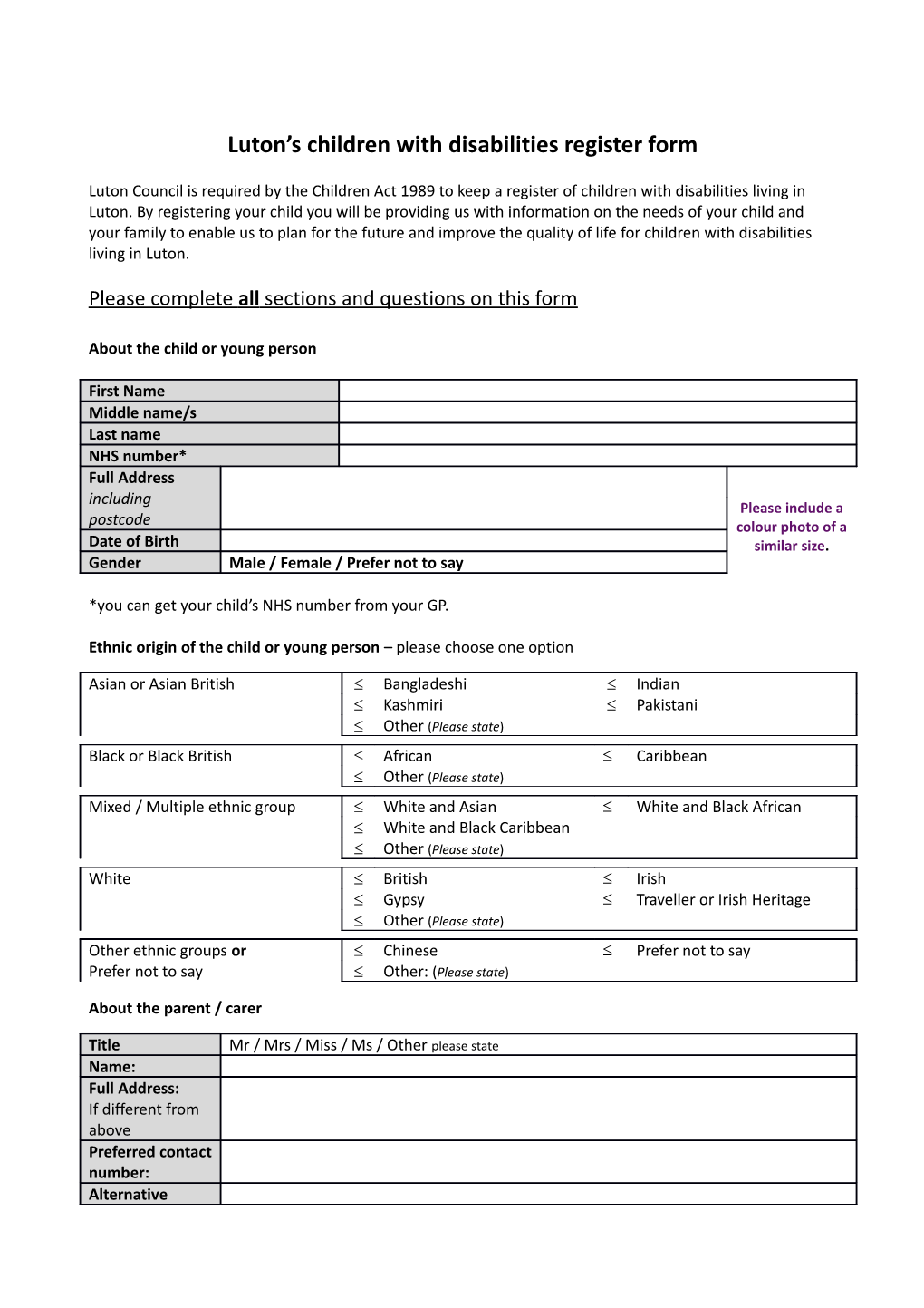 Luton S Children with Disabilities Register Form