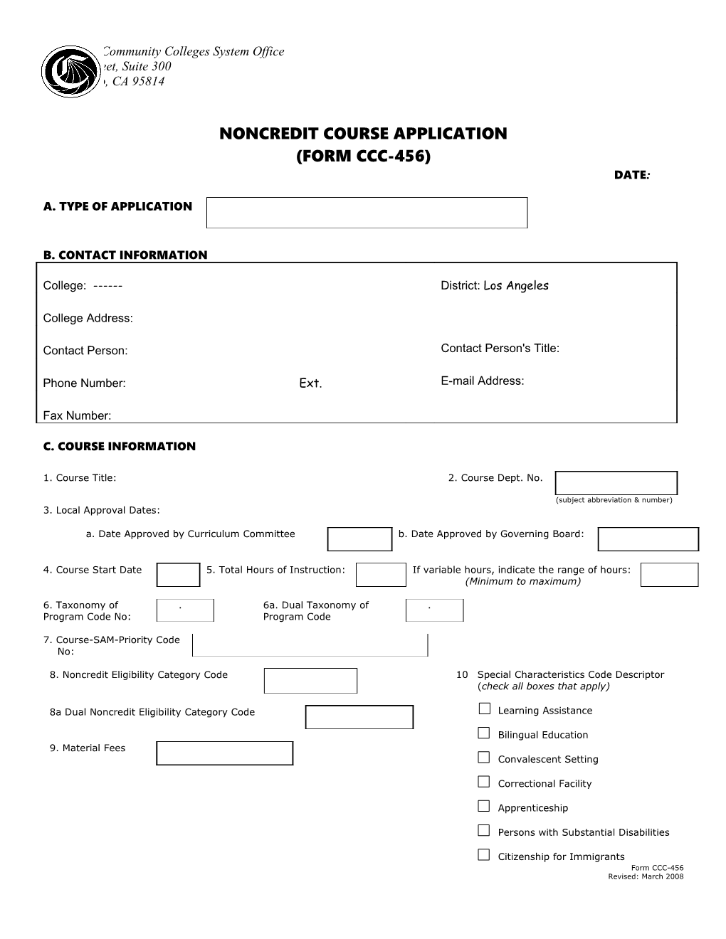 Noncredit Course Application Form Ccc-456