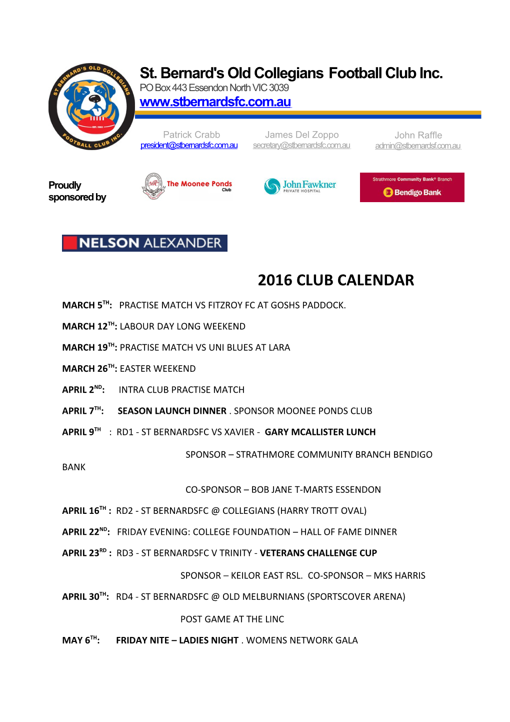 2016 Club Calendar