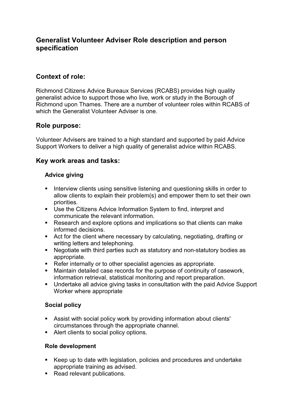 Generalist Volunteer Adviser Role Description and Person Specification