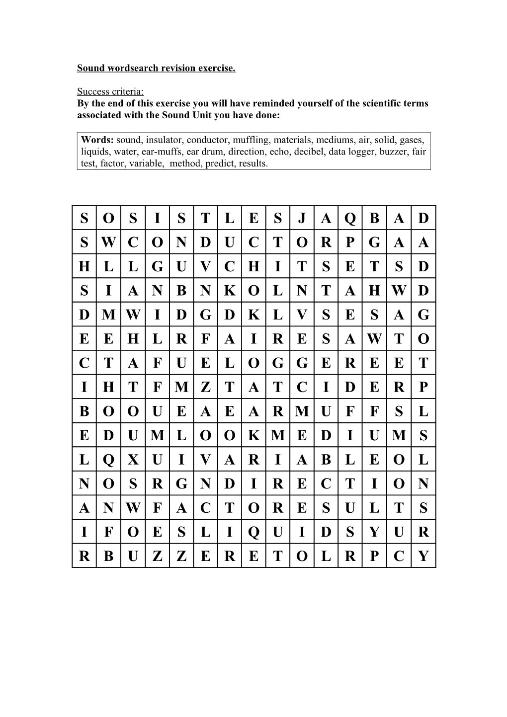 Sound Wordsearch Revision Exercise