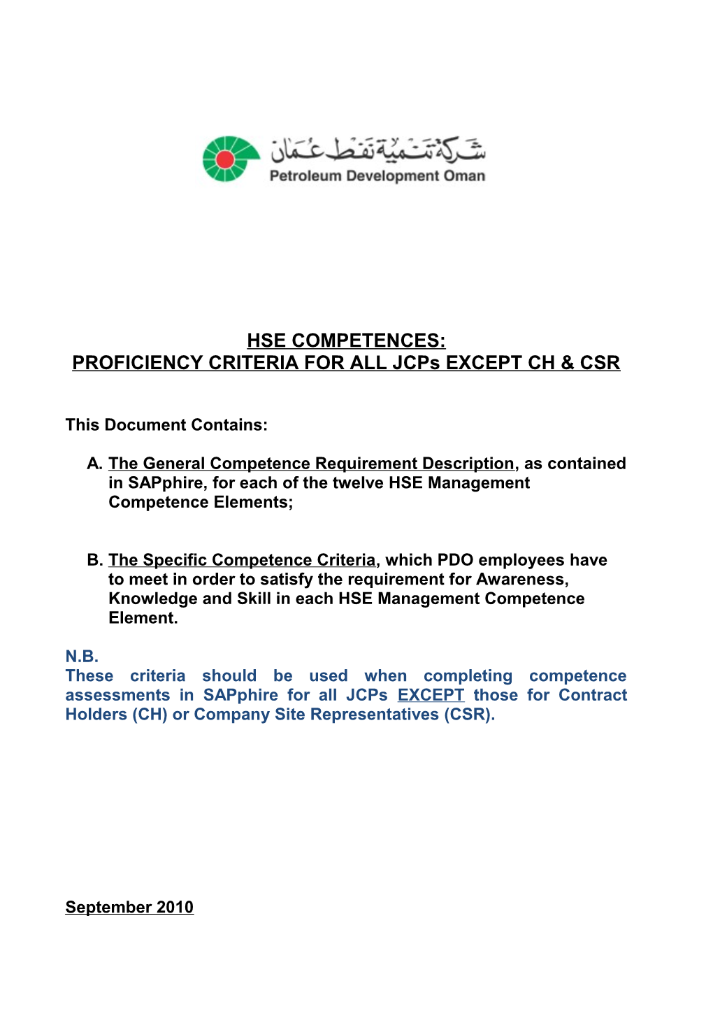 Competence Requirements and Demonstration of PDO CH S and CSR S