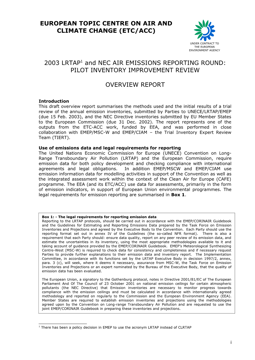 2003 CLRTAP and NEC AIR EMISSIONS INVENTORY TRIAL REVIEW: OVERVIEW REPORT