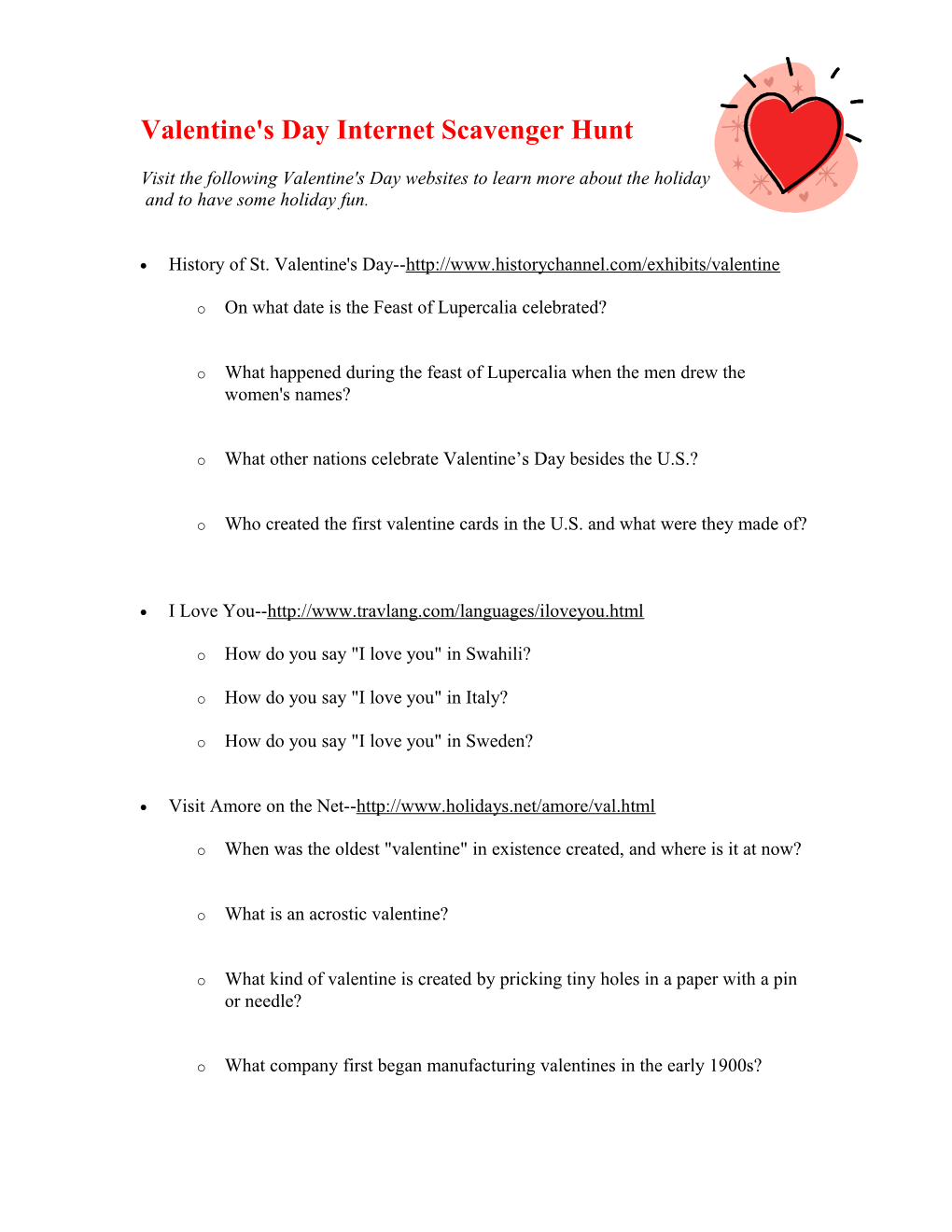 Valentine's Day Internet Scavenger Hunt