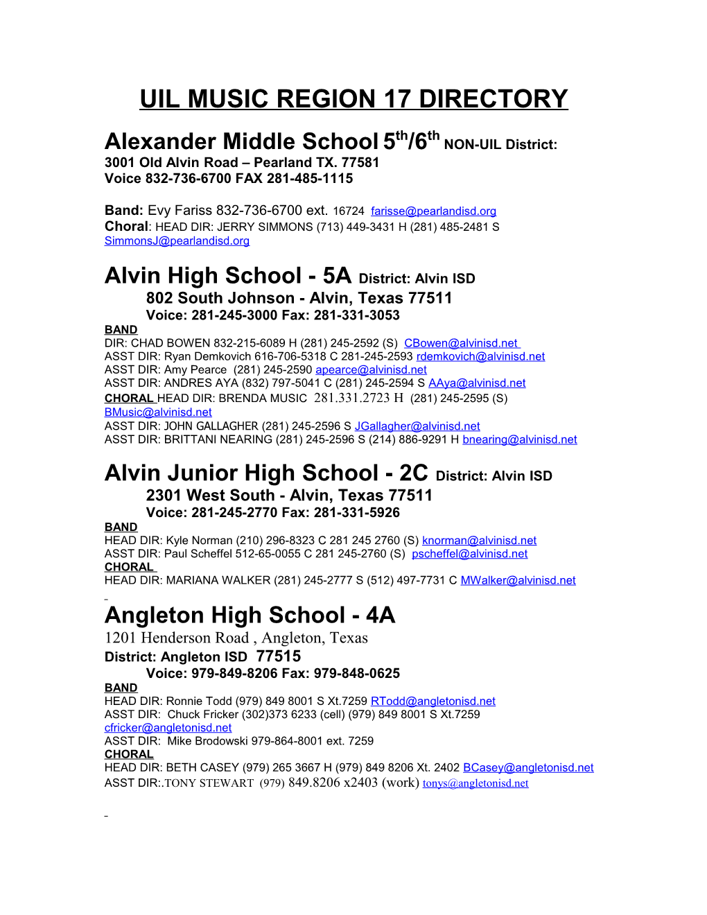 SCHOOLS - REGION XVII (Updated November 14, 2004 - 9:30 Am)