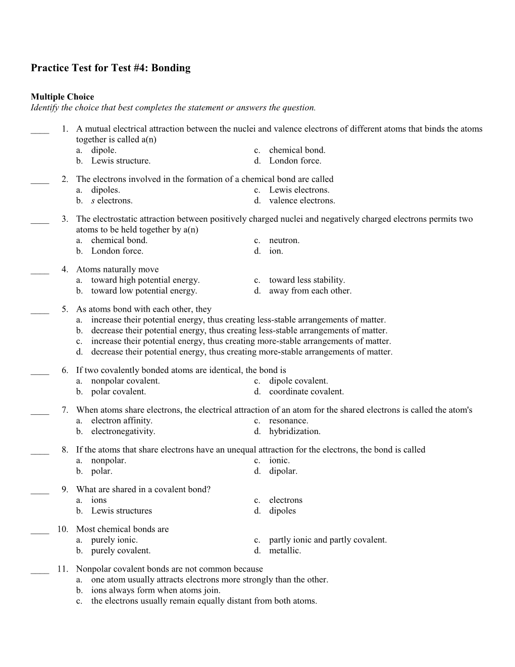 Practice Test for Test #4: Bonding