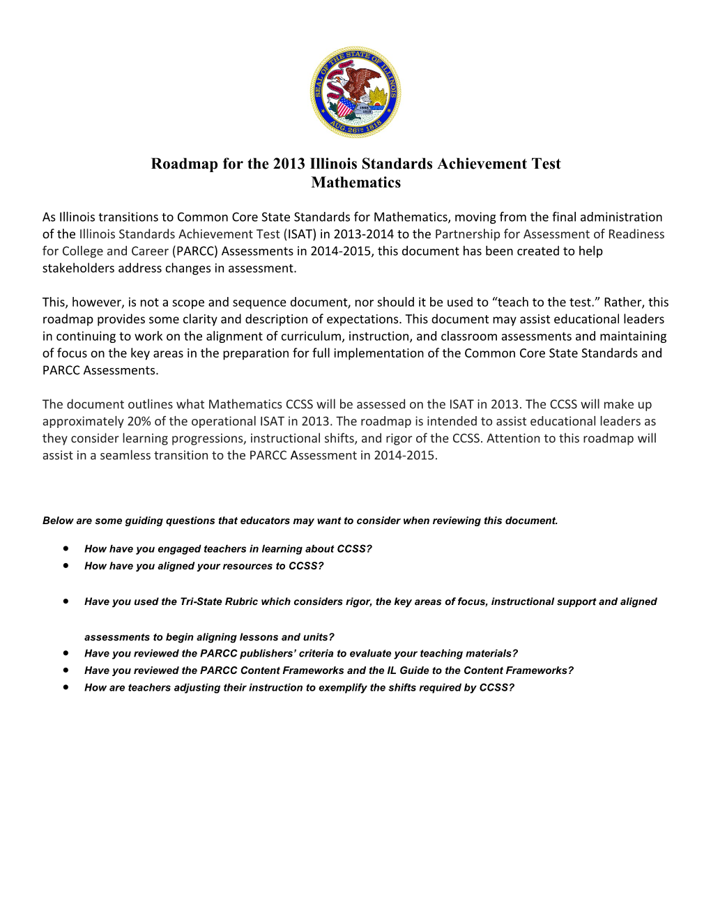 Roadmap for the 2013 Illinois Standards Achievement Test (ISAT) Mathematics