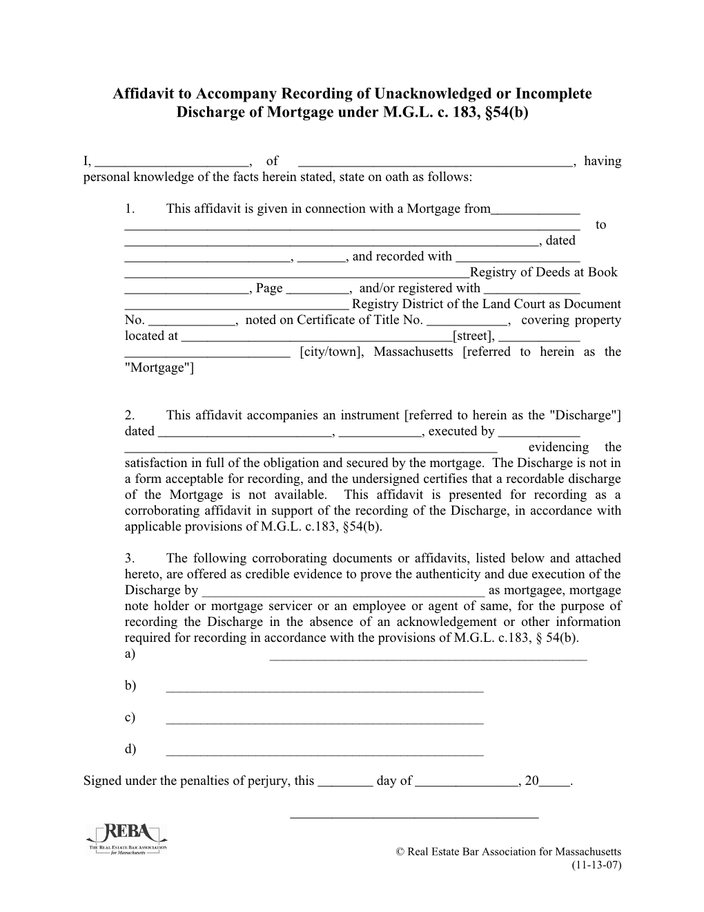 Affidavit to Accompany Recording of Unacknowledged Or Incomplete Discharge of Mortgage Under M