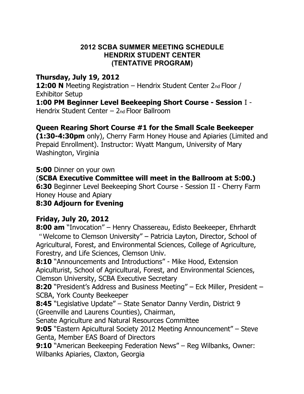 2012 Scba Summer Meeting Schedule