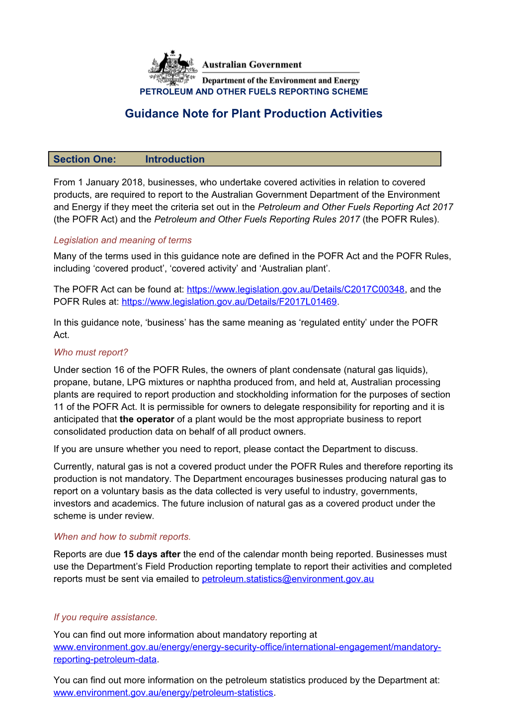 Plant Production Guidance Note