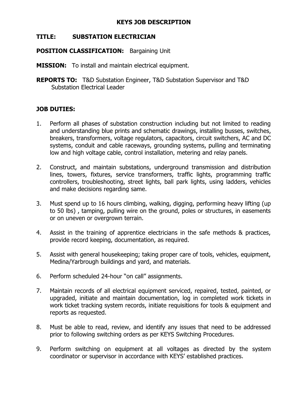 POSITION CLASSIFICATION: Bargaining Unit