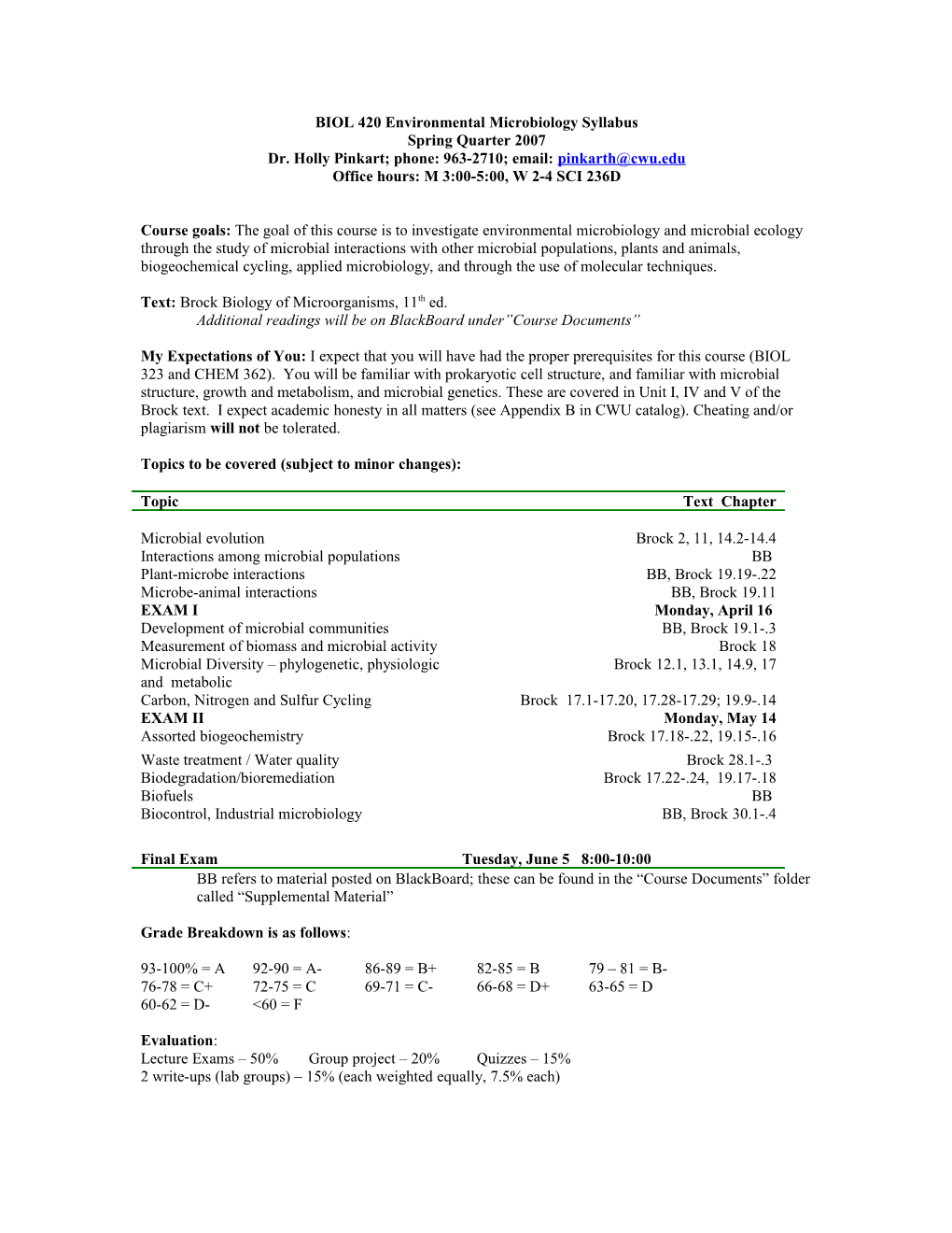 Lecture Schedule for Environmental Microbiology