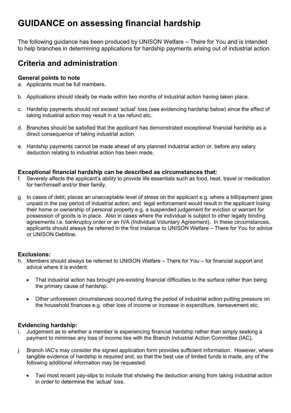 UNISON Welfare Guidance on Assessing Financial Hardship