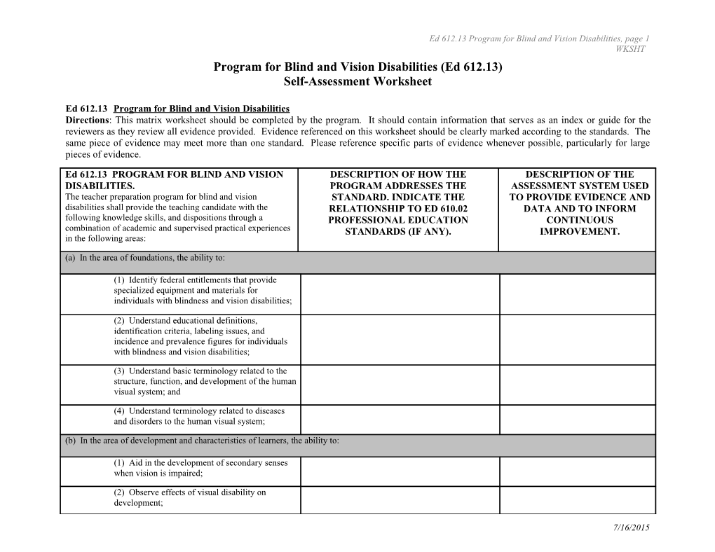 Program for Blind and Vision Disabilities (Ed 612.13)