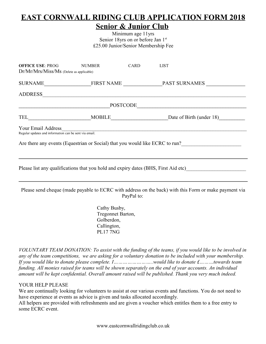 East Cornwall Riding Club Application Form 2004