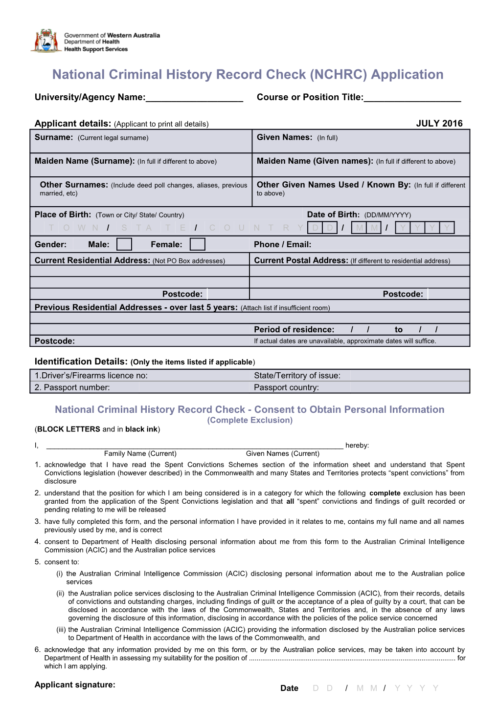 National Criminal History Record Check (NCHRC) Application