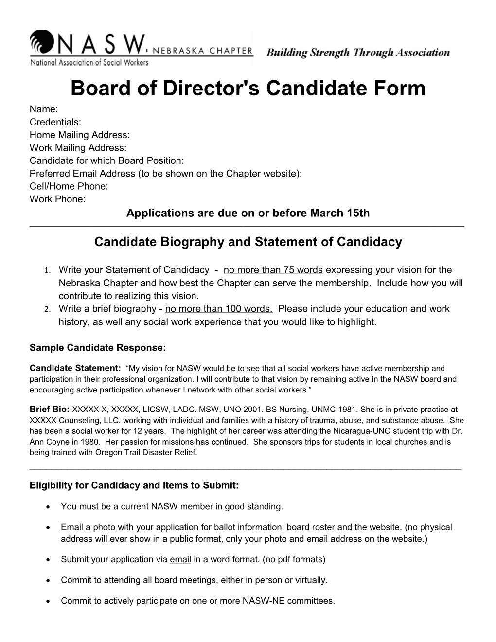Board of Director's Candidate Form