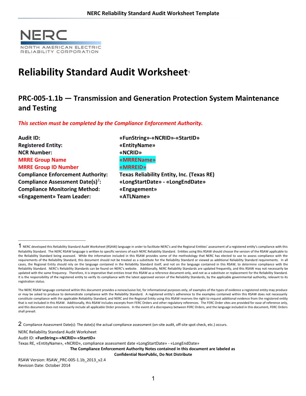 NERC Reliability Standard Audit Worksheet Template