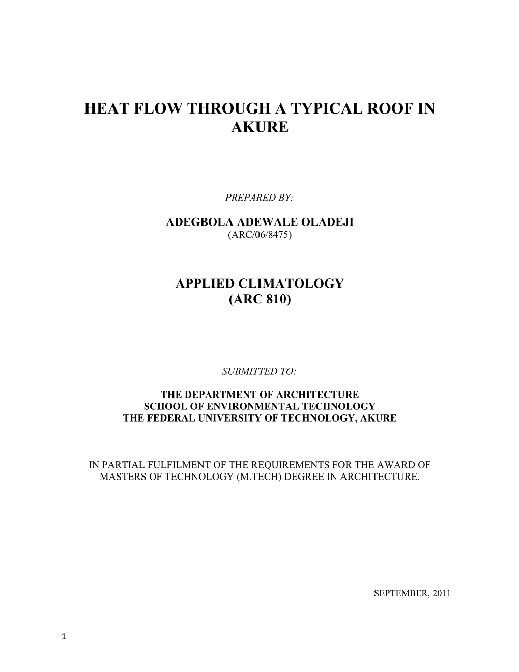 Heat Flow Through a Typical Roof in Akure