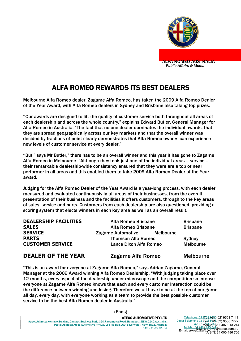 Alfa Romeo Rewards Its Best Dealers