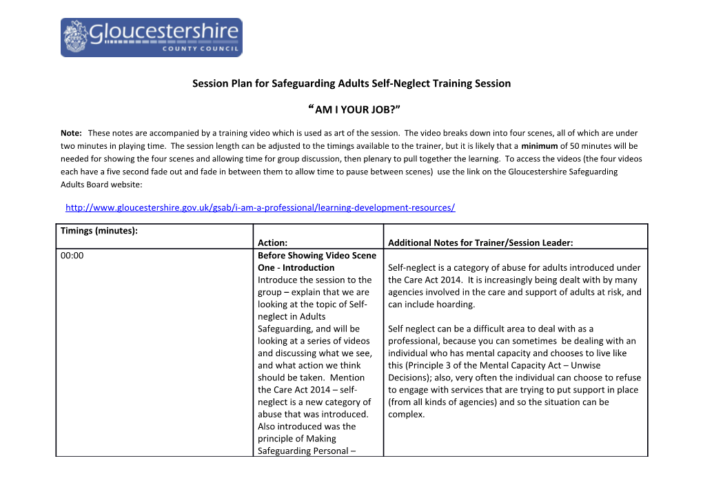 Session Plan for Safeguarding Adults Self-Neglect Training Session