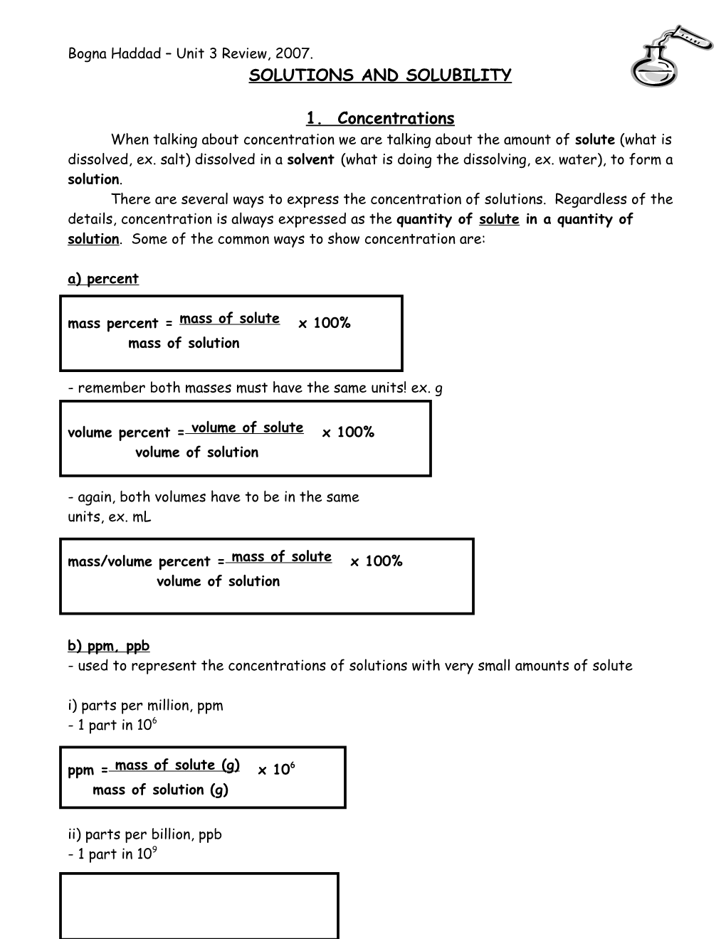 Unit 3 Outline: Solutions and Solubility