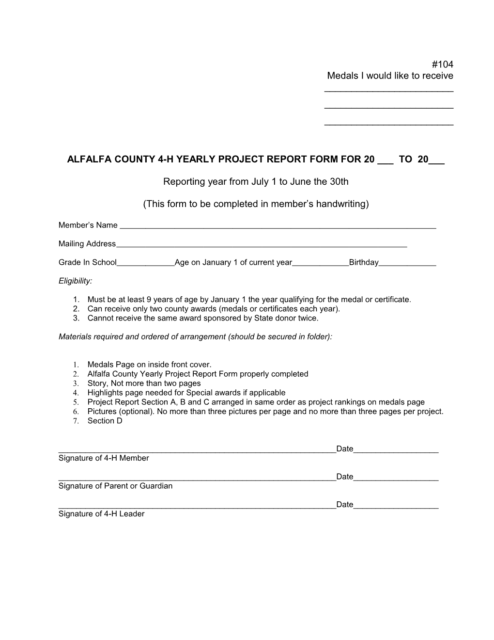 Alfalfa County 4-H Yearly Project Report Form for 20 ___ to 20___