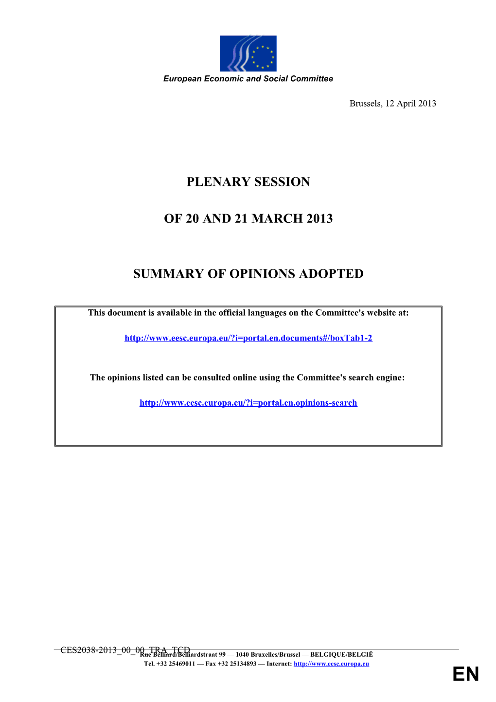 SUMMARY of OPINIONS ADOPTED - Plenary Session March