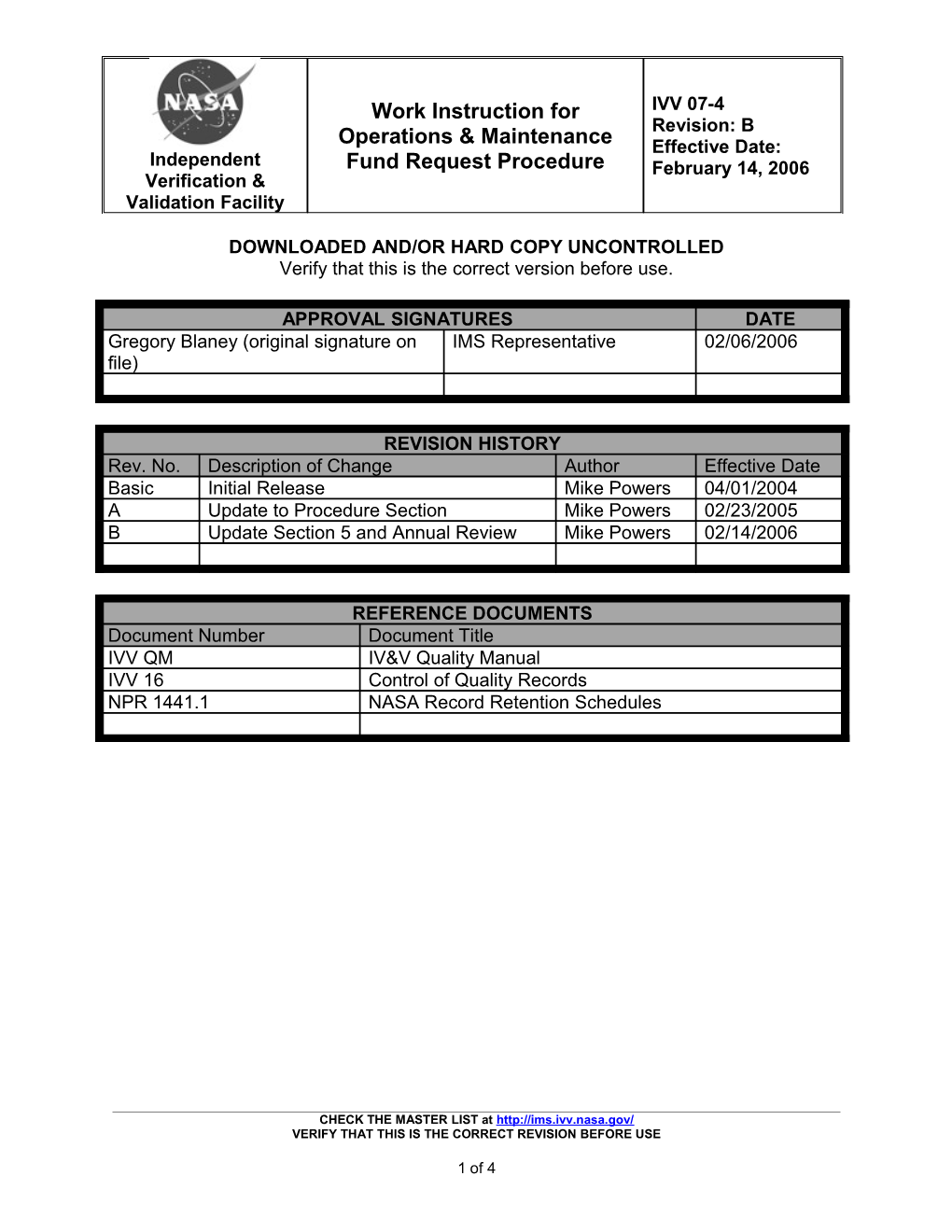 Work Instruction for Operations and Maintenance Fund Request Procedure