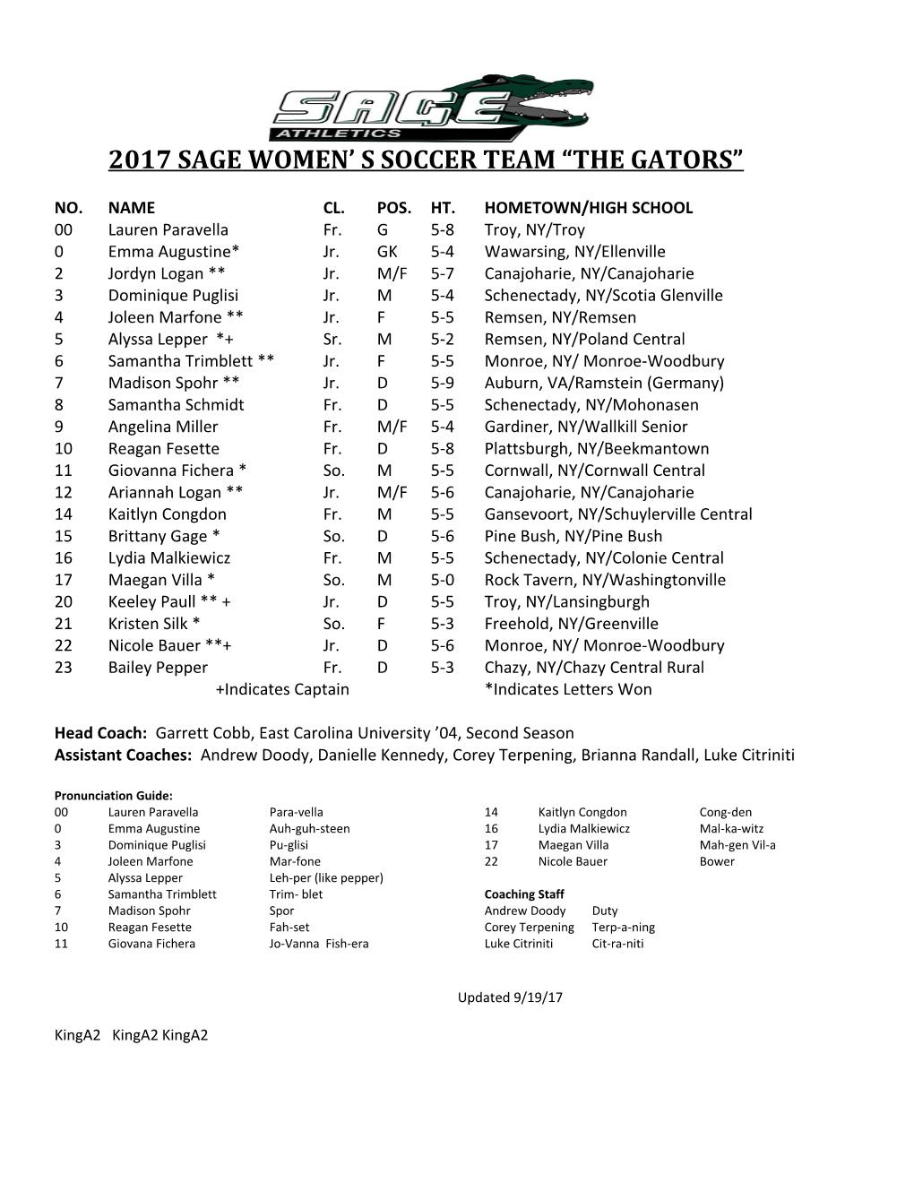 2017 Sage Women S Soccer Team the Gators