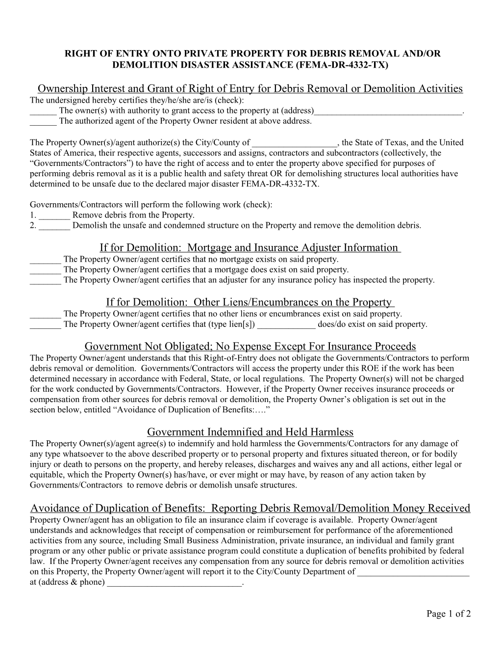 Ownership Interest and Grant of Right of Entry for Debris Removal Or Demolition Activities