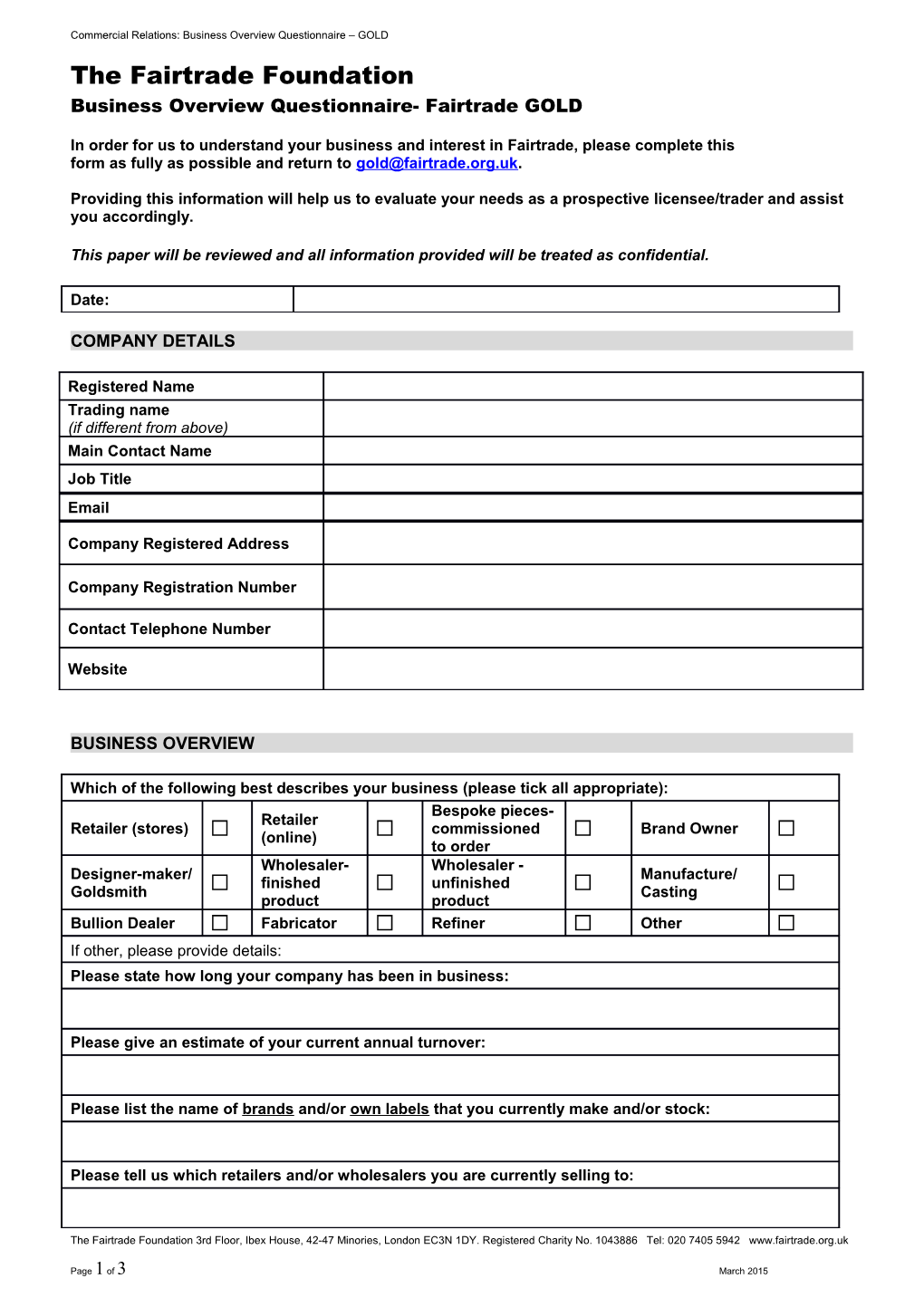 Commercial Relations: Business Overview Questionnaire GOLD