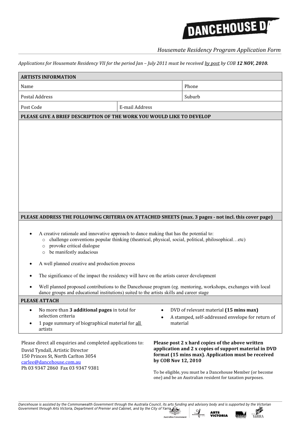 Housemate Residency Program Application Form