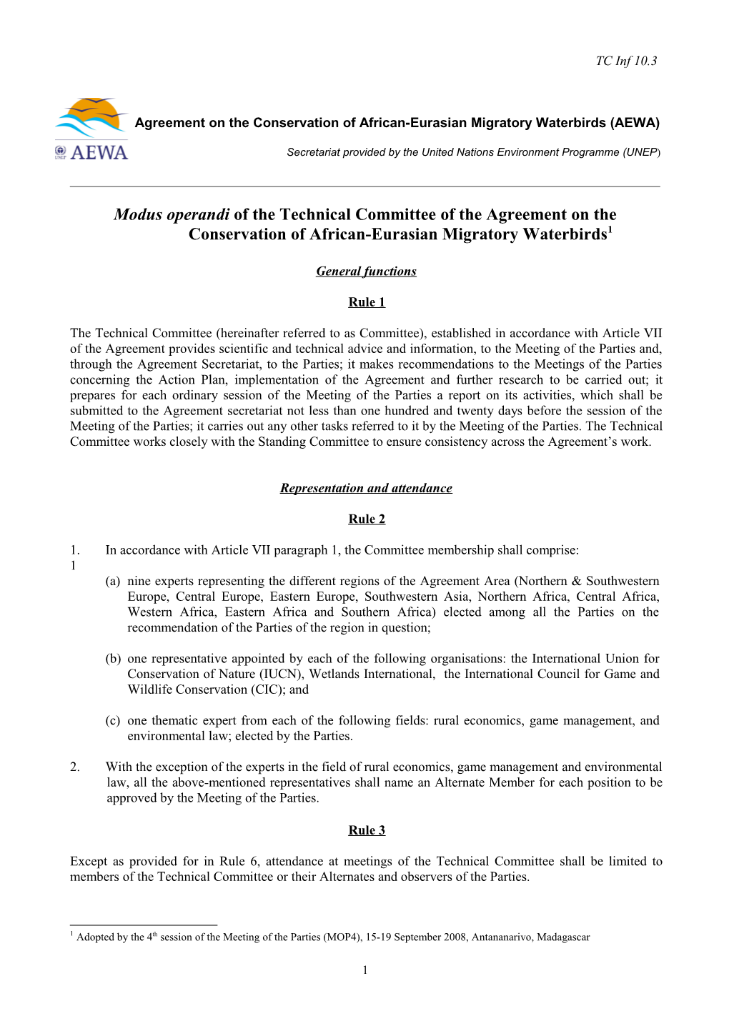 Modus Operandi of the Technical Committee of the Agreement on the Conservation Of